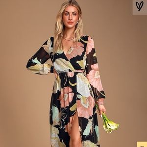 Long sleeve floral faux wrap maxi dress